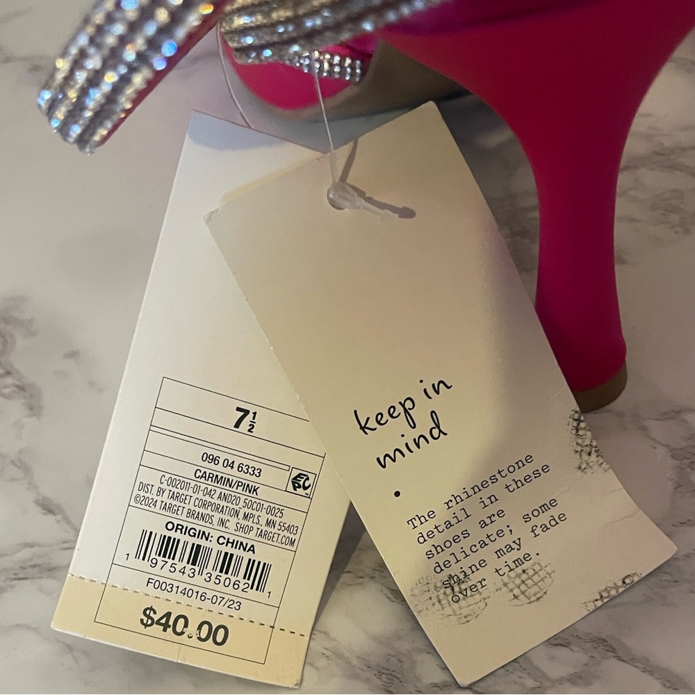 A New Day NWT Carmin/ Pink Satin Pointed Toe Crystal Bow Ankle Strap Heels - Picture 4 of 6